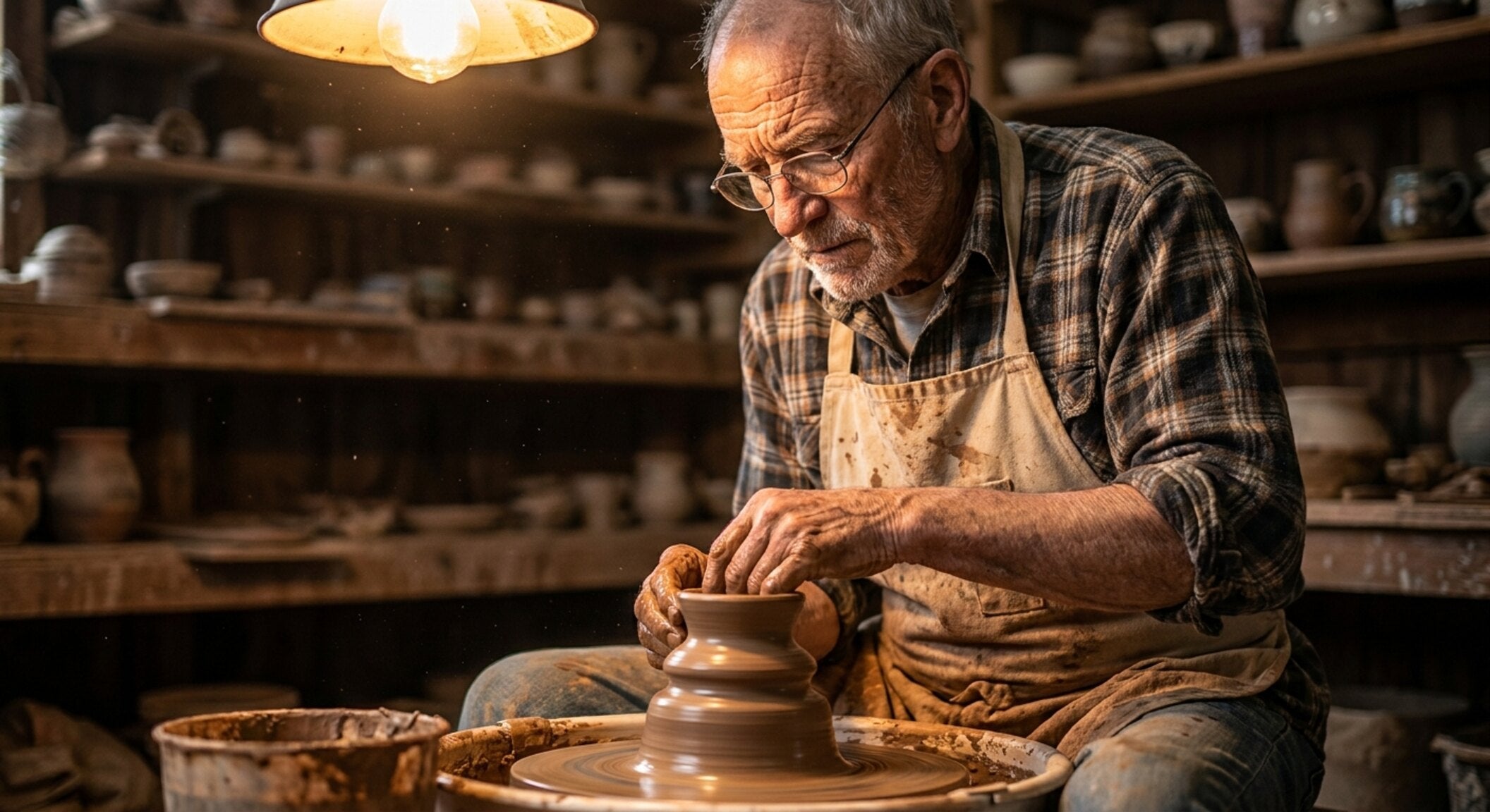 Walt Hollis at the pottery wheel in his studio